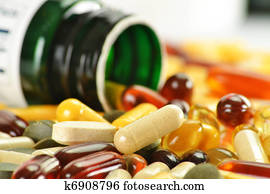 Composition with dietary supplement capsules and containers Composition with dietary supplement capsules and containers