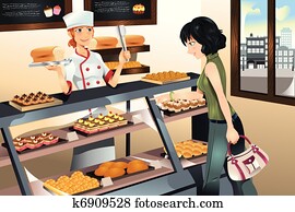 comprando, bolo, em, panificadora, loja