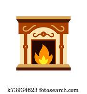 Kaminofen, farbe, icon., wohnung, deko, mit, feuer, und, uhr, symbol