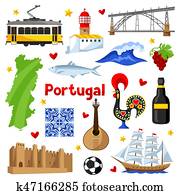 portugal, ícones, set., português, nacional, tradicional, símbolos, e, objetos portugal, ícones, set., português, nacional, tradicional, símbolos, e, objetos