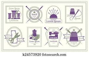 retro, sastre, etiquetas, o, needleworks, emblemas