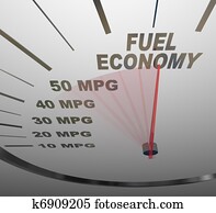 The words Fuel Economy on a vehicle speedometer with a red needle racing past numbers 10, 20, 30, 40, 50 MPG as the automobile achieves an improved efficiency rating as mandated by the government The words Fuel Economy on a vehicle speedometer with a red needle racing past numbers 10, 20, 30, 40, 50 MPG as the automobile achieves an improved efficiency rating as mandated by the government