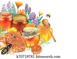 Watercolor honey bottles surrounded by honeycombs, meadow flowers and bees Watercolor honey bottles surrounded by honeycombs, meadow flowers and bees