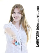 young woman hold credit card