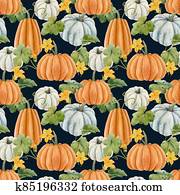 Beautiful autumn seamless pattern with watercolor pumpkin vegetables, leaves and flowers . Stock illustration. Beautiful autumn seamless pattern with watercolor pumpkin vegetables, leaves and flowers . Stock illustration.