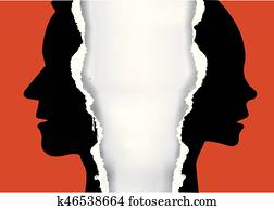 divorcio, pareja, papel roto, concept.