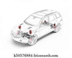 Suv technical drawing showing suspension system. Suv technical drawing showing suspension system.