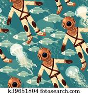 Diver, fish and jellyfish seamless Diver, fish and jellyfish seamless