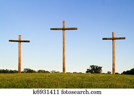 Three Wooden Crosses on Hill
