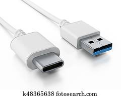 USB type C and USB 3.0 cables isolated on white background. 3D illustration USB type C and USB 3.0 cables isolated on white background. 3D illustration