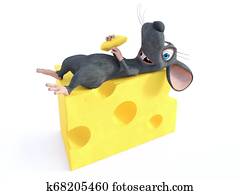 3D rendering of a smiling cartoon mouse lying on cheese. 3D rendering of a smiling cartoon mouse lying on cheese.