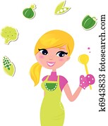 Cooking woman preparing healthy green food isolated on white - v