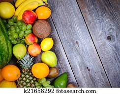 Huge group of fresh colorful fruit on wooden background - High q