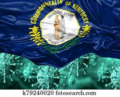enlarged coronavirus, covid-19 under the flag of Kentucky state. Pandemic of respiratory disease enlarged coronavirus, covid-19 under the flag of Kentucky state. Pandemic of respiratory disease