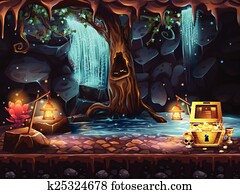 Fantasy cave with a waterfall, tree, treasure chest Fantasy cave with a waterfall, tree, treasure chest