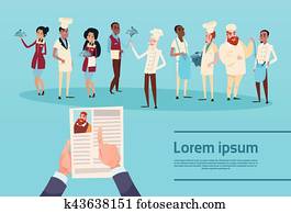 manos, asimiento, cv, perfil, resumen, elegir, de, restaurante, llenar, cocinero, camareros, servicio, mezcla, carrera, grupo, bandera