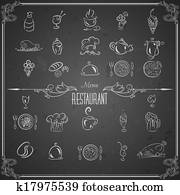 Restaurant menu design elements with chalk drawn food and drink icons on blackboard Restaurant menu design elements with chalk drawn food and drink icons on blackboard