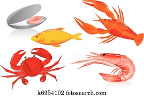 seafood:, oyster,, shrimp,, crawfish,, סרטן, ו, fish