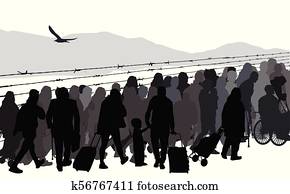 Silhouettes of refugees people behind barbed wire Silhouettes of refugees people behind barbed wire