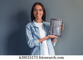 séduisant, dame affaires, à, gadget