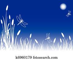 nebuloso, pântano, com, libélulas