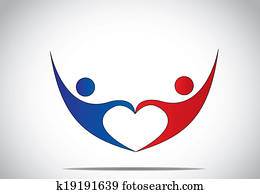 young man & woman couple dance & hold hands in love heart shape. blue and red colored happy male and female person symbols dancing and jumping with joy and happiness with hands up - concept symbol
