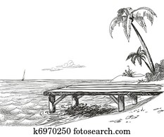 Beach, sea and wooden jetty 