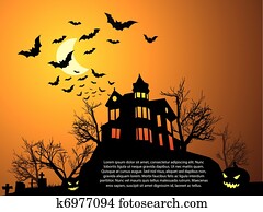 Halloween with haunted house, bats and pumpkin Halloween with haunted house, bats and pumpkin
