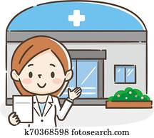 Illustration of a pharmacy and a pharmacist.