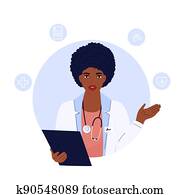 אישה אמריקאית אפריקנית, רופא, עם, a, סטטוסקופ, ו, ב, a, מעיל לבן, is, להחזיק, clipboard., telemedicine, concept., שחח, עם, a, רפואי, worker.