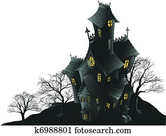 assustador, casa assombrada, e, árvores, illus