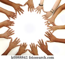 Conceptual symbol of multiracial children  hands making a circle on white background with a copy space in the middle