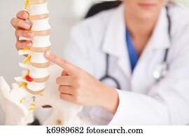 Doctor pointing at bone in spine Doctor pointing at bone in spine