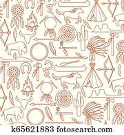 hintergrundmuster, mit, índianer, heiligenbilder, (bow, und, pfeil, schlange, pferd, bison, kaktus, tomahawk, axt, lagerfeuer, landschaft, wigwam, oberhaupt, kopfschmuck, kanu, frieden rohr, traum, catch)