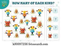 How many of each kind cartoon robot kids counting game vector illustration How many of each kind cartoon robot kids counting game vector illustration