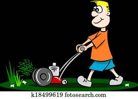 caricatura, sujeito, mowing gramado