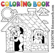 fargende bok, barn lekende, inn, hus
