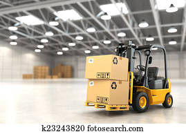 Forklift truck in warehouse or storage loading cardboard boxes. Forklift truck in warehouse or storage loading cardboard boxes.