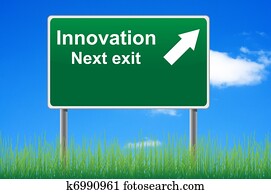 Innovation road sign on sky background, grass underneath. Innovation road sign on sky background, grass underneath.