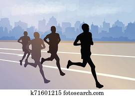 Printgroup of marathon runners silhouettes on abstract city background Printgroup of marathon runners silhouettes on abstract city background