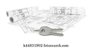 Architecture blueprints with two house keys Architecture blueprints with two house keys