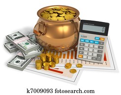 finanziell, concept:, goldtopf, taschenrechner, und, dollar