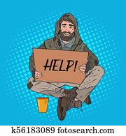 Pop Art Homeless Man. Male Beggar with Sign Cardboard Ask for Help. Poverty Concept. Vector illustration Pop Art Homeless Man. Male Beggar with Sign Cardboard Ask for Help. Poverty Concept. Vector illustration