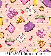 Vector Pink Slumber Party Food Objects Seamless Pattern. Pizza. Popcorn. Pajamas. Treat. Vector Pink Slumber Party Food Objects Seamless Pattern. Pizza. Popcorn. Pajamas. Treat.