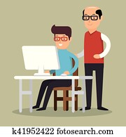 senior man trains boy working laptop