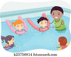 Stickman, crianças, treinador natação