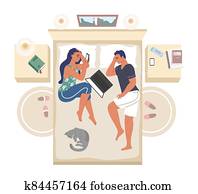 Couple lying on the bed with mobile phone and laptop, flat vector illustration