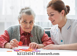 senior woman, med, henne, äldre, omsorg, sköta