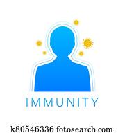 Immune system concept. Medical shield surrounded by viruses and bacterium. Vector stock illustration.