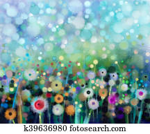 תקציר, פרחים, dandelion,, וואטארכולור, painting.